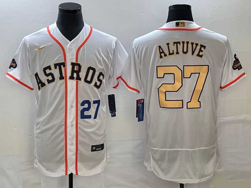 Men%27s Houston Astros #27 Jose Altuve Number 2023 White Gold World Serise Champions Patch Flex Base Stitched Jerseys->houston astros->MLB Jersey
